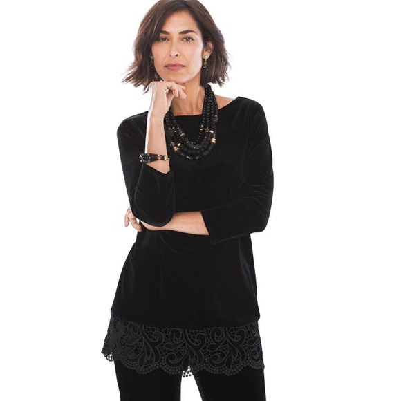 Chico's Black Velvet Top with Lace Trim Size 3 (US 16/18) - Picture 2 of 15